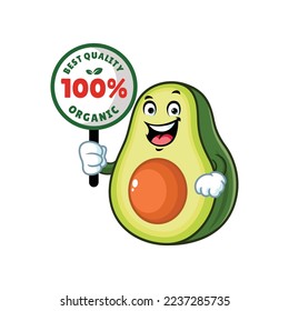 vector cartoon, character, and mascot of an avocado holding organic signboard.