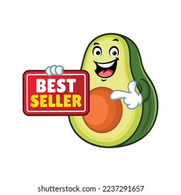 vector cartoon, character, and mascot of an avocado holding best seller signboard.