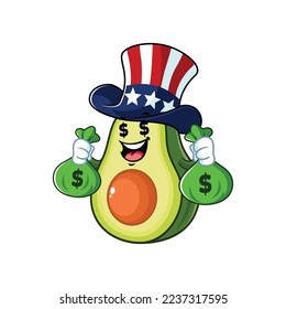 vector cartoon, character, and mascot of an avocado sam holding money bags.