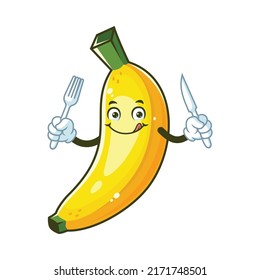 vector cartoon, character, and mascot of a banana holding fork and knife.