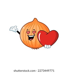 vector cartoon, character, and mascot of a bombay onion holding heart in love.