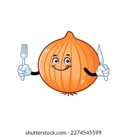 vector cartoon, character, and mascot of a bombay onion holding fork and knife.