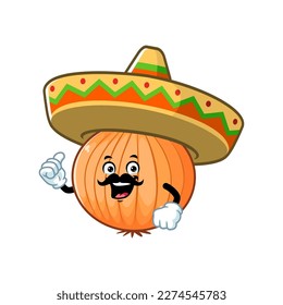 vector cartoon, character, and mascot of a bombay onion wearing sombrero hat.