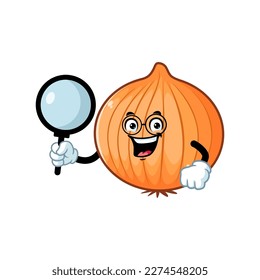 dibujos animados vectoriales, personajes y mascota de un geek de la cebolla de un bombardeo sosteniendo una lupa.