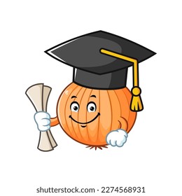 vector cartoon, character, and mascot of a bombay onion wearing graduation hat.