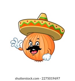 vector cartoon, character, and mascot of a bombay onion wearing sombrero hat.