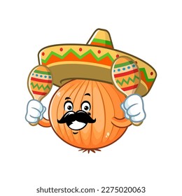 vector cartoon, character, and mascot of a bombay onion wearing sombrero hat and holding maracas.