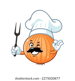 vector cartoon, character, and mascot of a bombay onion chef holding grilled fork.