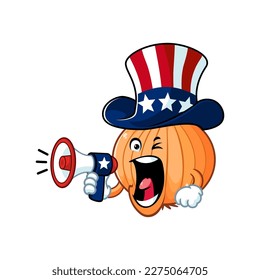 vector cartoon, character, and mascot of a bombay onion with uncle sam costume holding megaphone.