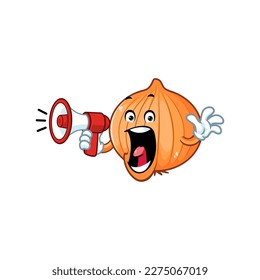 vector cartoon, character, and mascot of a bombay onion holding megaphone.