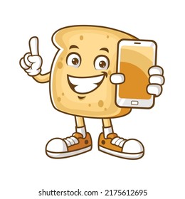 vector cartoon, character, and mascot of a bread holding smartphone.