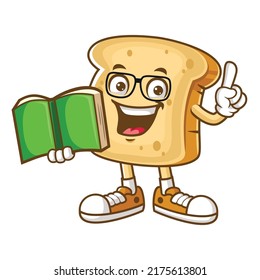 vector cartoon, character, and mascot of a bread holding green book.