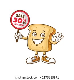 vector cartoon, character, and mascot of a bread holding discount signboard.