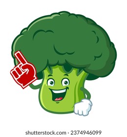 vector cartoon, character, and mascot of a broccoli wearing finger foam.