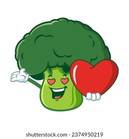 caricatura vectorial, personaje y mascota de un brócoli que sostiene el corazón enamorado.