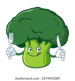 vector cartoon, character, and mascot of a broccoli holding fork and knife.