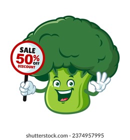 vector cartoon, character, and mascot of a broccoli holding discount signboard.
