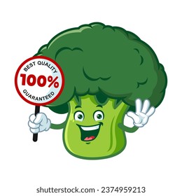 vector cartoon, character, and mascot of a broccoli holding guaranteed signboard.