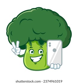 vector cartoon, character, and mascot of a broccoli holding smartphone.