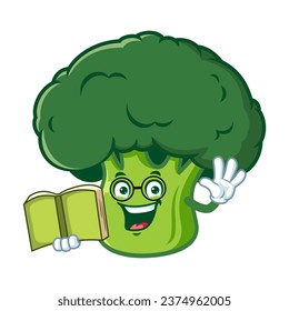 vector cartoon, character, and mascot of a broccoli holding book.