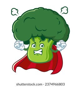 vector cartoon, character, and mascot of a broccoli superhero with angry expression face.