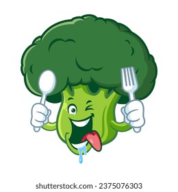 vector cartoon, character, and mascot of a broccoli with holding spoon and fork.