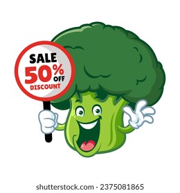 vector cartoon, character, and mascot of a broccoli holding discount signboard.