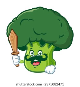 vector cartoon, character, and mascot of a broccoli holding wood sword.