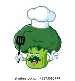 vector cartoon, character, and mascot of a broccoli holding spatula.
