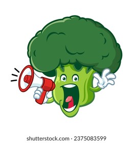 vector cartoon, character, and mascot of a broccoli holding megaphone.