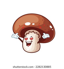 vector cartoon, character, and mascot of a brown champignon mushroom in love.