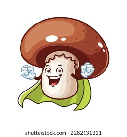 vector cartoon, character, and mascot of a brown champignon mushroom superhero.