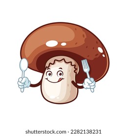 vector cartoon, character, and mascot of a brown champignon mushroom holding spoon and fork.
