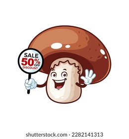 vector cartoon, character, and mascot of a brown champignon mushroom holding discount signboard.
