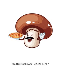 vector cartoon, character, and mascot of a brown champignon mushroom holding pizza.