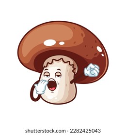 vector cartoon, character, and mascot of a brown champignon mushroom with yawning expression face.