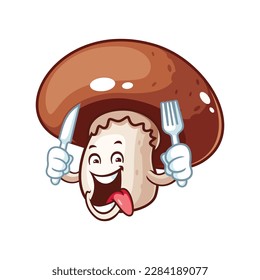 vector cartoon, character, and mascot of a brown champignon mushroom holding knife and fork.