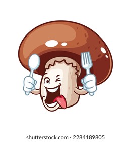 vector cartoon, character, and mascot of a brown champignon mushroom holding spoon and fork.