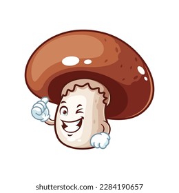 vector cartoon, character, and mascot of a brown champignon mushroom with thumbs up hand.