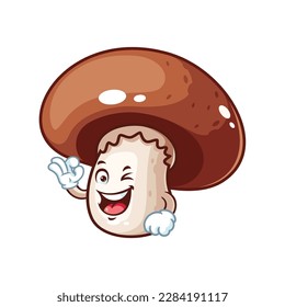 vector cartoon, character, and mascot of a brown champignon mushroom with ok pose.