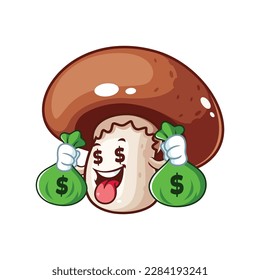 caricatura vectorial, personaje y mascota de un hongo marrón sosteniendo saco de dinero.