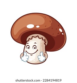 vector cartoon, character, and mascot of a brown champignon mushroom with double thumbs up hand.