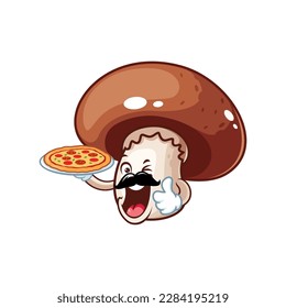 vector cartoon, character, and mascot of a brown champignon mushroom holding pizza.