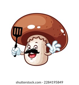 vector cartoon, character, and mascot of a brown champignon mushroom holding spatula.