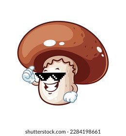 vector cartoon, character, and mascot of a brown champignon mushroom with tugh life pose.