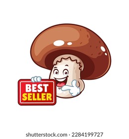 vector cartoon, character, and mascot of a brown champignon mushroom holding best seller signboard.