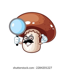 vector cartoon, character, and mascot of a brown champignon mushroom holding loupe.