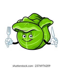 vector cartoon, character, and mascot of a cabbage holding fork and knife.