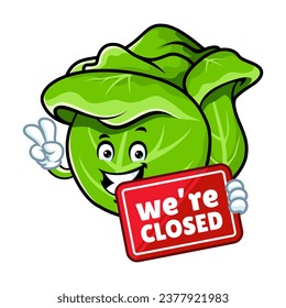 vector cartoon, character, and mascot of a cabbage holding closed signboard.