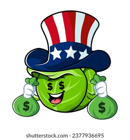 vector cartoon, character, and mascot of a cabbage uncle sam holding money bag.